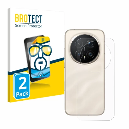 Front side of a product packaging with the brand logo BROTECT. Next to it is the device Honor Magic 8 Pro (Back) shown with th