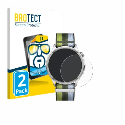 Front side of a product packaging with the brand logo BROTECT. Next to it is the device Oppo Watch S shown with the correspond