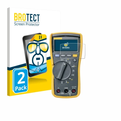 Front side of a product packaging with the brand logo BROTECT. Next to it is the device Fluke MultiMeter 113 shown with the co