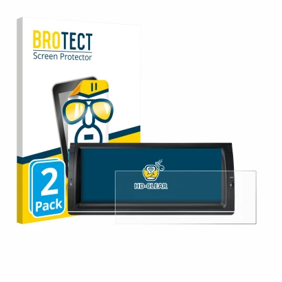 Front side of a product packaging with the brand logo BROTECT. Next to it is the device Xtrons PX1453BLHGS 10.25" shown with t