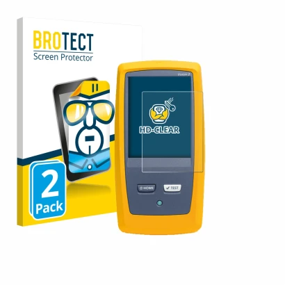 Front side of a product packaging with the brand logo BROTECT. Next to it is the device Fluke DSX8000 shown with the correspon