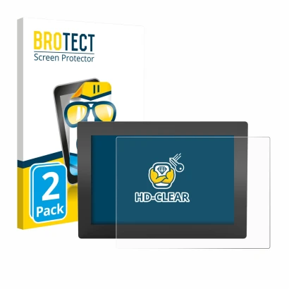 Front side of a product packaging with the brand logo BROTECT. Next to it is the device WAGO Web Panel 400 762-3404 shown with
