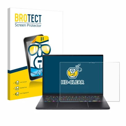 Front side of a product packaging with the brand logo BROTECT. Next to it is the device Acer Predator Triton 14 AI shown with