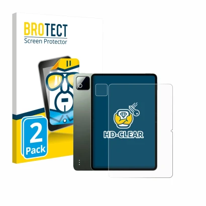 Front side of a product packaging with the brand logo BROTECT. Next to it is the device Xiaomi Pad 8 Pro (Front+Camera) shown