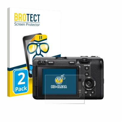 Front side of a product packaging with the brand logo BROTECT. Next to it is the device Sony FX3A (ILME‑FX3A) shown with the c