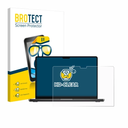 Front side of a product packaging with the brand logo BROTECT. Next to it is the device Apple MacBook Pro 16" M5 2026 shown wi