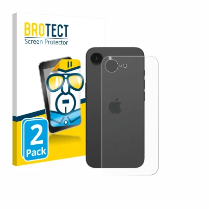 Front side of a product packaging with the brand logo BROTECT. Next to it is the device Apple iPhone 17e (Back) shown with the