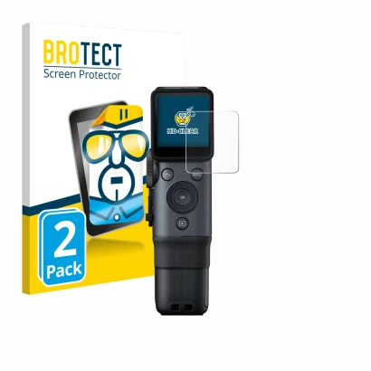 Front side of a product packaging with the brand logo BROTECT. Next to it is the device Fujifilm Instax Mini Evo Cinema shown