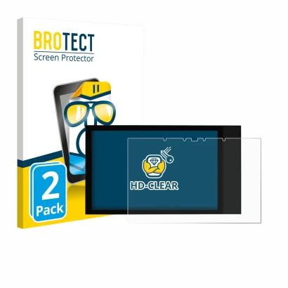 Front side of a product packaging with the brand logo BROTECT. Next to it is the device Shelly Wall Display XL shown with the 