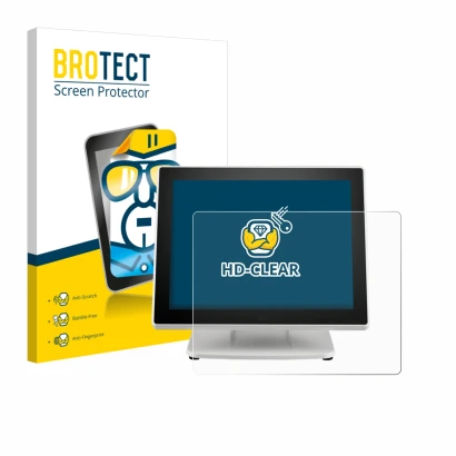 Front side of a product packaging with the brand logo BROTECT. Next to it is the device Posiflex PS-3615-G2 shown with the cor