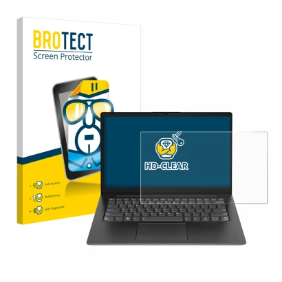 Front side of a product packaging with the brand logo BROTECT. Next to it is the device Lenovo V14 Gen 5 shown with the corres
