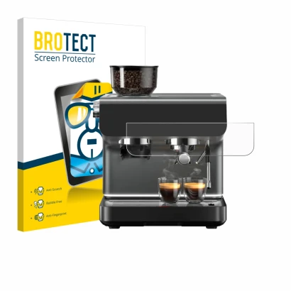 Front side of a product packaging with the brand logo BROTECT. Next to it is the device WMF Espresso Pro shown with the corres