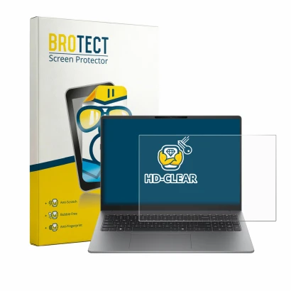 Front side of a product packaging with the brand logo BROTECT. Next to it is the device HP 200 G2a 16" shown with the correspo
