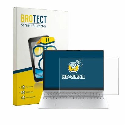 Front side of a product packaging with the brand logo BROTECT. Next to it is the device HP OmniBook 3 16 16-bw0750ng shown wit