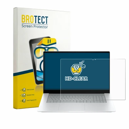 Front side of a product packaging with the brand logo BROTECT. Next to it is the device HP OmniBook X 17-de0776ngx shown with
