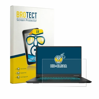 Front side of a product packaging with the brand logo BROTECT. Next to it is the device Gigabyte Gaming A16 GA63H shown with t