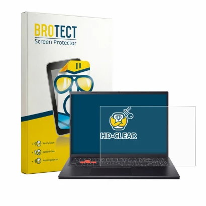 Front side of a product packaging with the brand logo BROTECT. Next to it is the device Acer Nitro Lite 16 NL16-71G shown with
