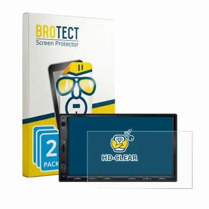 Front side of a product packaging with the brand logo BROTECT. Next to it is the device Atoto A5LG2A7T 7" shown with the corre