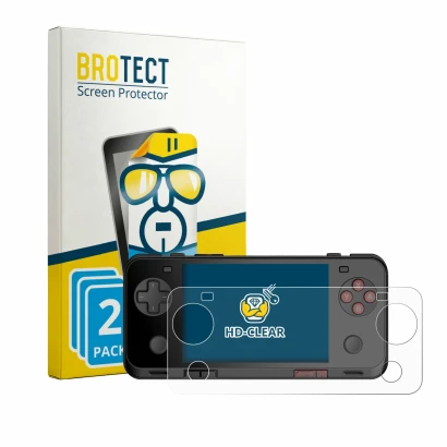 Front side of a product packaging with the brand logo BROTECT. Next to it is the device Ayaneo Pocket ACE shown with the corre