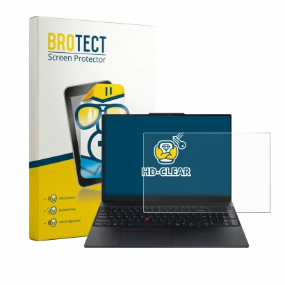 Front side of a product packaging with the brand logo BROTECT. Next to it is the device Lenovo ThinkPad E16 Gen 4 shown with t