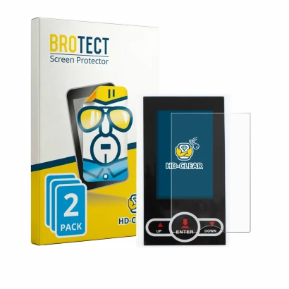 Front side of a product packaging with the brand logo BROTECT. Next to it is the device QuivyLivy Speedometer shown with the c