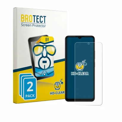 Front side of a product packaging with the brand logo BROTECT. Next to it is the device Xiaomi Redmi A3 Pro shown with the cor