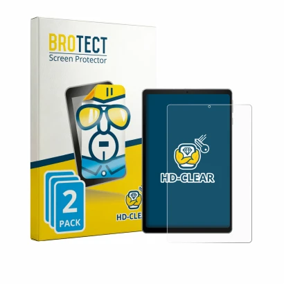Front side of a product packaging with the brand logo BROTECT. Next to it is the device Acer Iconia Tab A11 shown with the cor