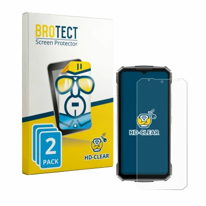 Front side of a product packaging with the brand logo BROTECT. Next to it is the device Doogee Fire 7 Ultra shown with the cor