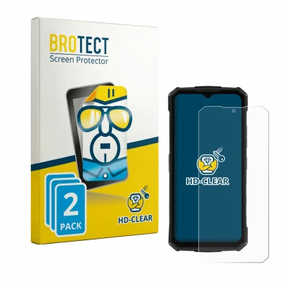 Front side of a product packaging with the brand logo BROTECT. Next to it is the device Doogee Fire 5 Pro shown with the corre