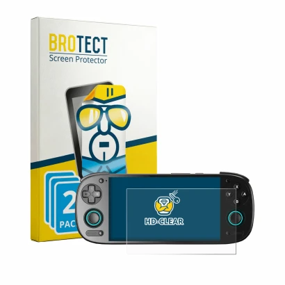 Front side of a product packaging with the brand logo BROTECT. Next to it is the device Retroid Pocket 5 shown with the corres