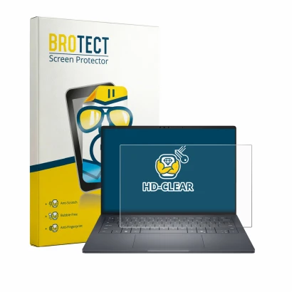 Front side of a product packaging with the brand logo BROTECT. Next to it is the device Dell Pro Max 14 Premium shown with the