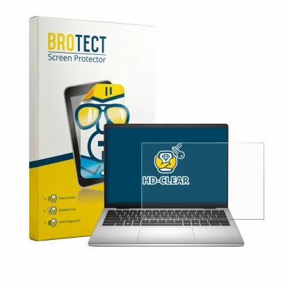 Front side of a product packaging with the brand logo BROTECT. Next to it is the device Dell Dell Pro 14 Essential shown with