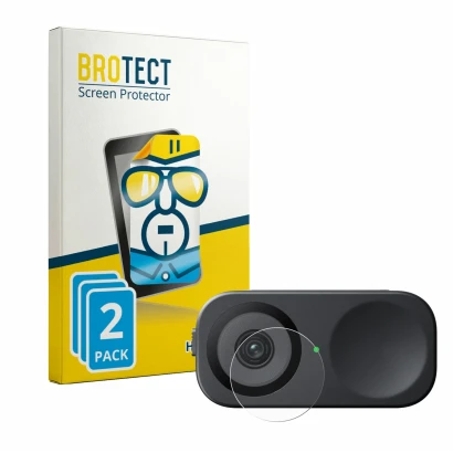 Front side of a product packaging with the brand logo BROTECT. Next to it is the device Insta360 Link 2C (Lens) shown with the