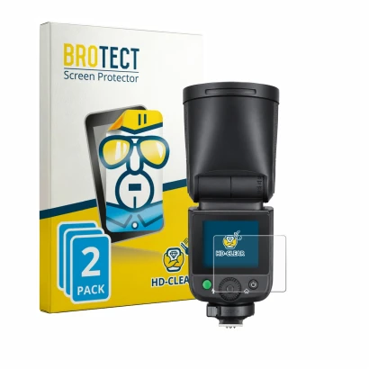 Front side of a product packaging with the brand logo BROTECT. Next to it is the device Godox V1 mid shown with the correspond