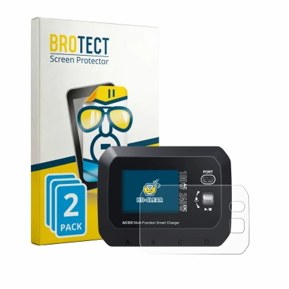 Front side of a product packaging with the brand logo BROTECT. Next to it is the device SkyRc Q100 Neo shown with the correspo