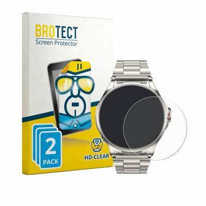 Front side of a product packaging with the brand logo BROTECT. Next to it is the device Huawei Watch Buds 2 shown with the cor