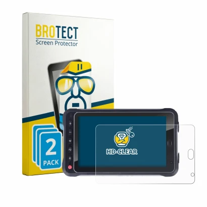 Front side of a product packaging with the brand logo BROTECT. Next to it is the device Hugerock X72 shown with the correspond