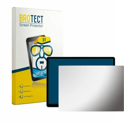 Front side of a product packaging with the brand logo BROTECT. Next to it is the device Tesla Model Y Juniper 16" shown with t