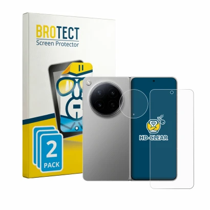 Front side of a product packaging with the brand logo BROTECT. Next to it is the device Oppo Find N6 (Front+Camera) shown with