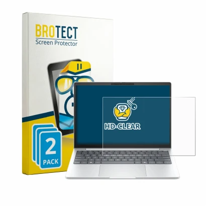 Front side of a product packaging with the brand logo BROTECT. Next to it is the device HP EliteBook 8 G2i 13" shown with the 