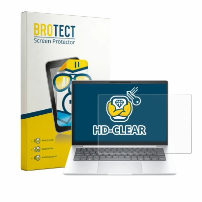 Front side of a product packaging with the brand logo BROTECT. Next to it is the device HP EliteBook 8 G2a 14" shown with the