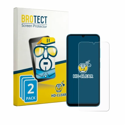 Front side of a product packaging with the brand logo BROTECT. Next to it is the device HMD Vibe 2 5G shown with the correspon