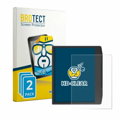 Front side of a product packaging with the brand logo BROTECT. Next to it is the device PocketBook Era Lite shown with the cor