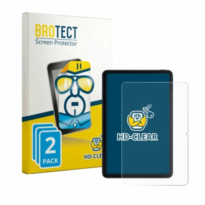 Front side of a product packaging with the brand logo BROTECT. Next to it is the device Xiaomi Poco Pad C1 shown with the corr