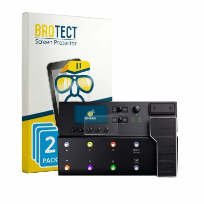 Front side of a product packaging with the brand logo BROTECT. Next to it is the device Line 6 POD Go Wireless shown with the 