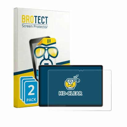 Front side of a product packaging with the brand logo BROTECT. Next to it is the device Lenovo Tab Plus Gen 2 shown with the c