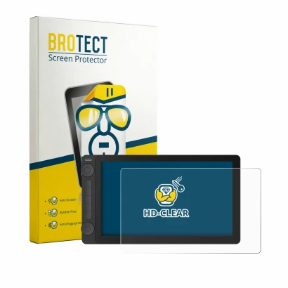 Front side of a product packaging with the brand logo BROTECT. Next to it is the device Huion Kamvas 13 Gen 3 shown with the c