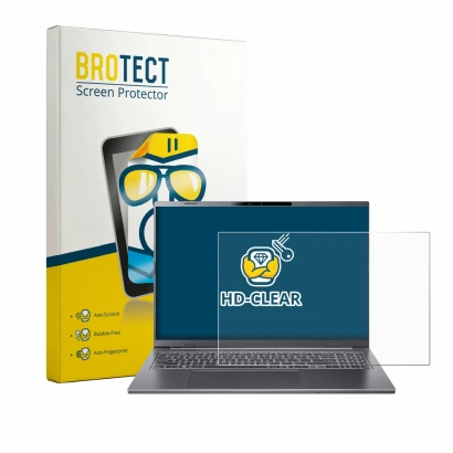 Front side of a product packaging with the brand logo BROTECT. Next to it is the device Acer Aspire 16 AI A16-61 shown with th