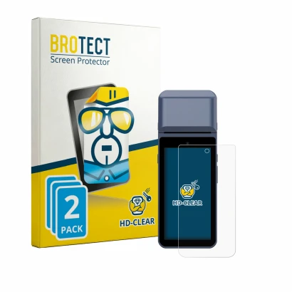 Front side of a product packaging with the brand logo BROTECT. Next to it is the device Pax M9200 shown with the corresponding