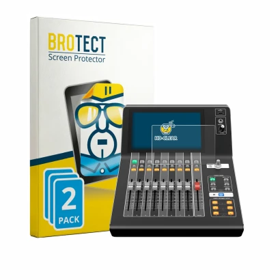 Front side of a product packaging with the brand logo BROTECT. Next to it is the device Yamaha DM3 shown with the correspondin
